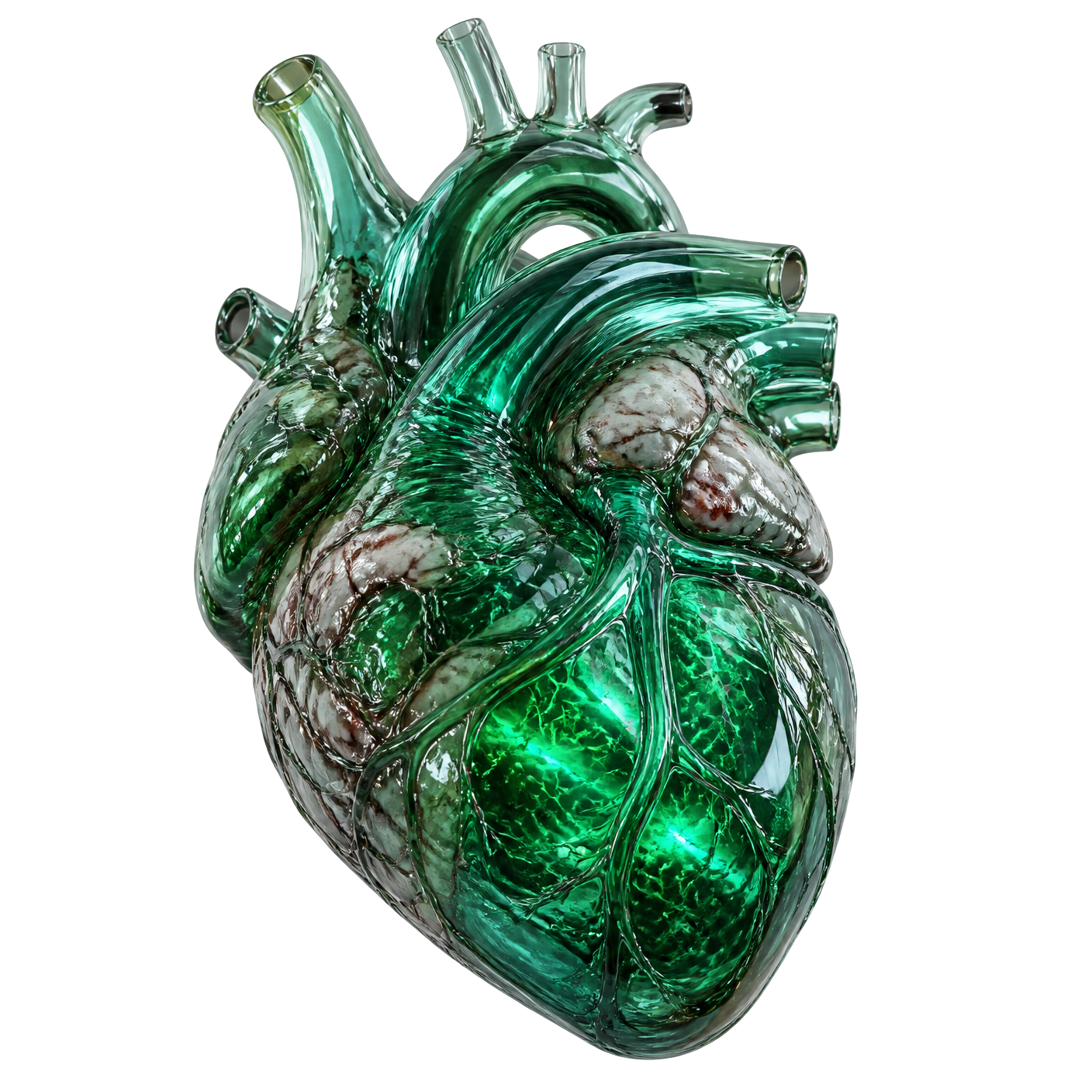 3D crystal anatomical human heart with glowing herbal energy