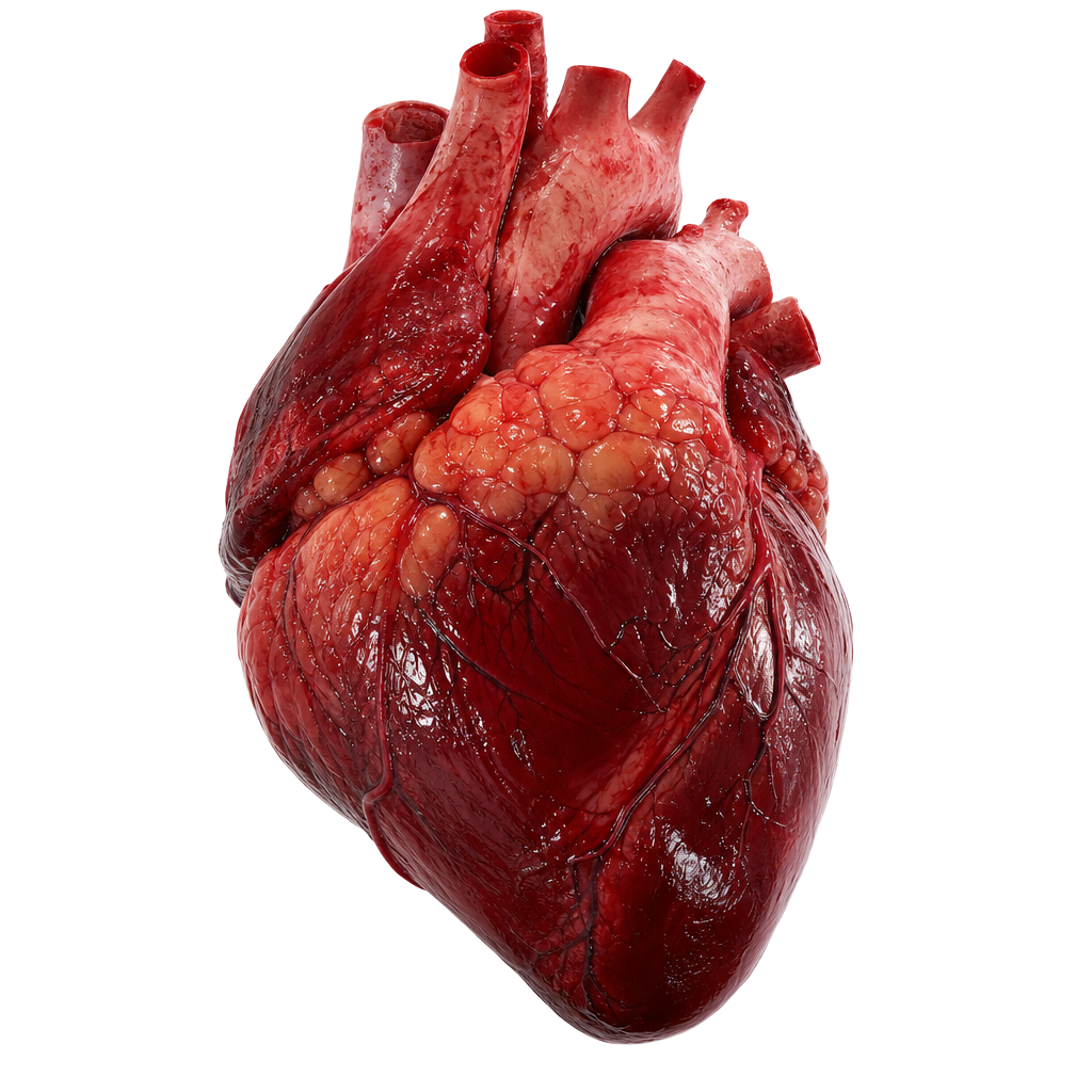 Realistic anatomical human heart with crimson chambers and coronary vessels